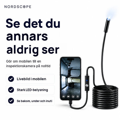 NordScope Flex inspektionskamera kopplad till mobilen med livebild och LED-ljus