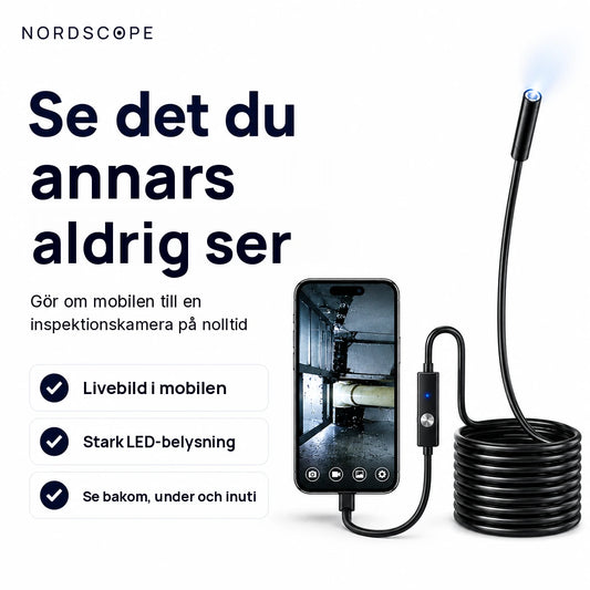 NordScope Flex inspektionskamera kopplad till mobilen med livebild och LED-ljus