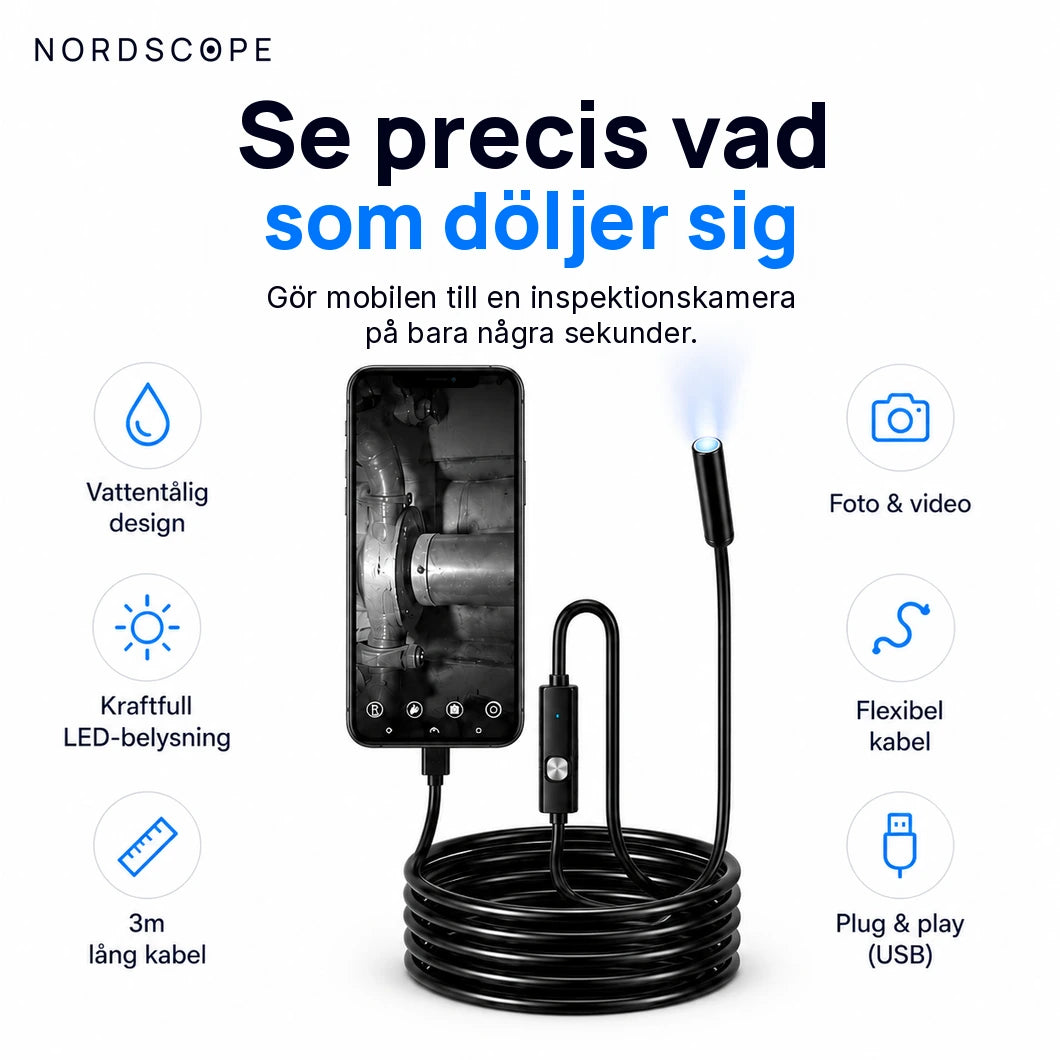 NordScope Flex funktioner: vattentålig, LED-belysning, 3 m kabel, foto och video, flexibel kabel, plug and play