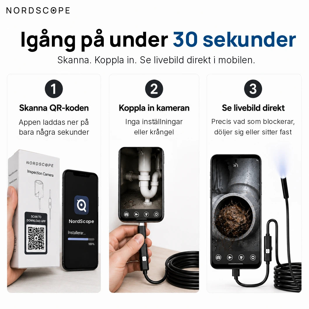 Igång på under 30 sekunder: skanna QR-koden, koppla in kameran och se livebild direkt