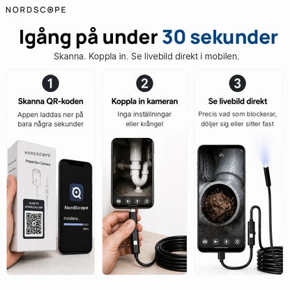 Igång på under 30 sekunder: skanna QR-koden, koppla in kameran och se livebild direkt