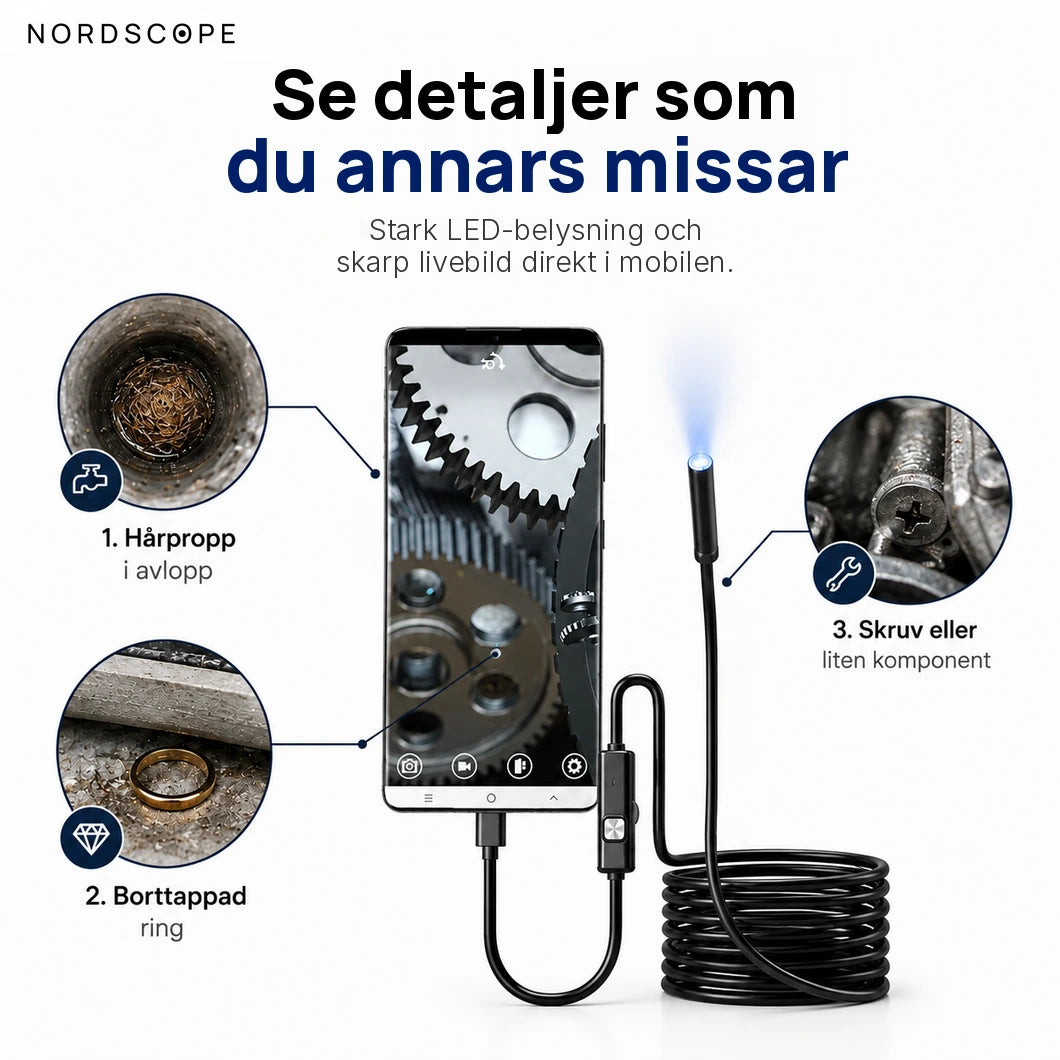 Se detaljer som hårpropp i avlopp, borttappad ring och skruv med NordScope Flex