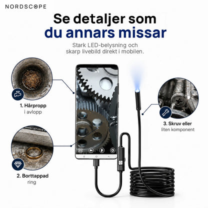 Se detaljer som hårpropp i avlopp, borttappad ring och skruv med NordScope Flex